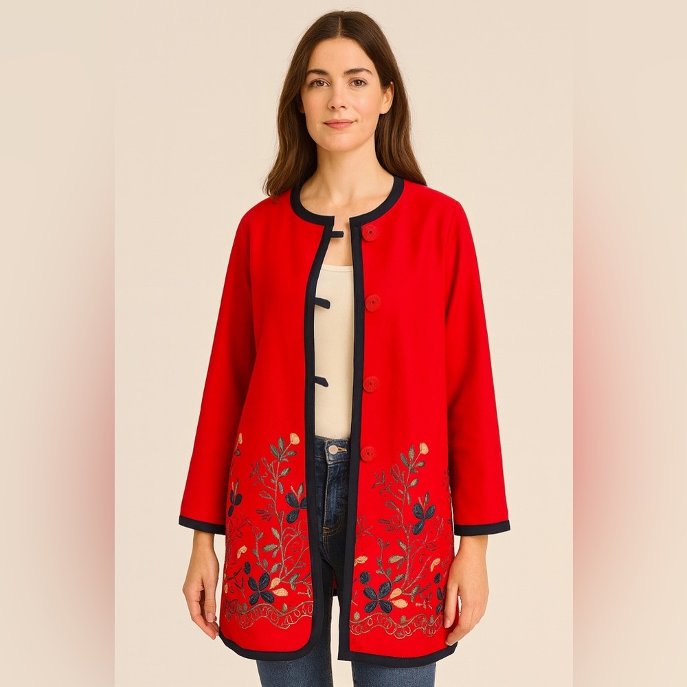 🧵 HANDMADE (by me!) Wool Blend Red Embroidered Coat size Medium